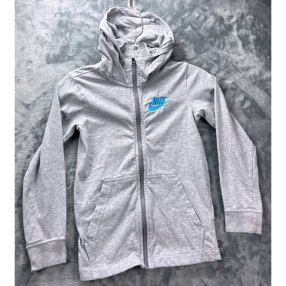 Nike Kids Small Gray Blue Full‎ Zip Hoodie Cotton Logo AA6628-063